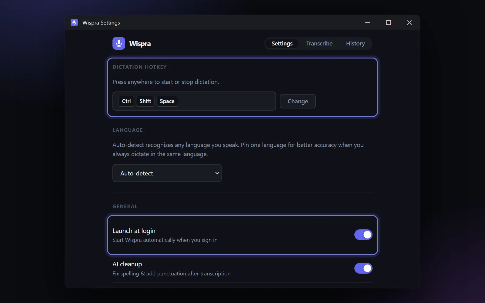 Settings showing the Ctrl + Shift + Space hotkey and Launch at login switched on.