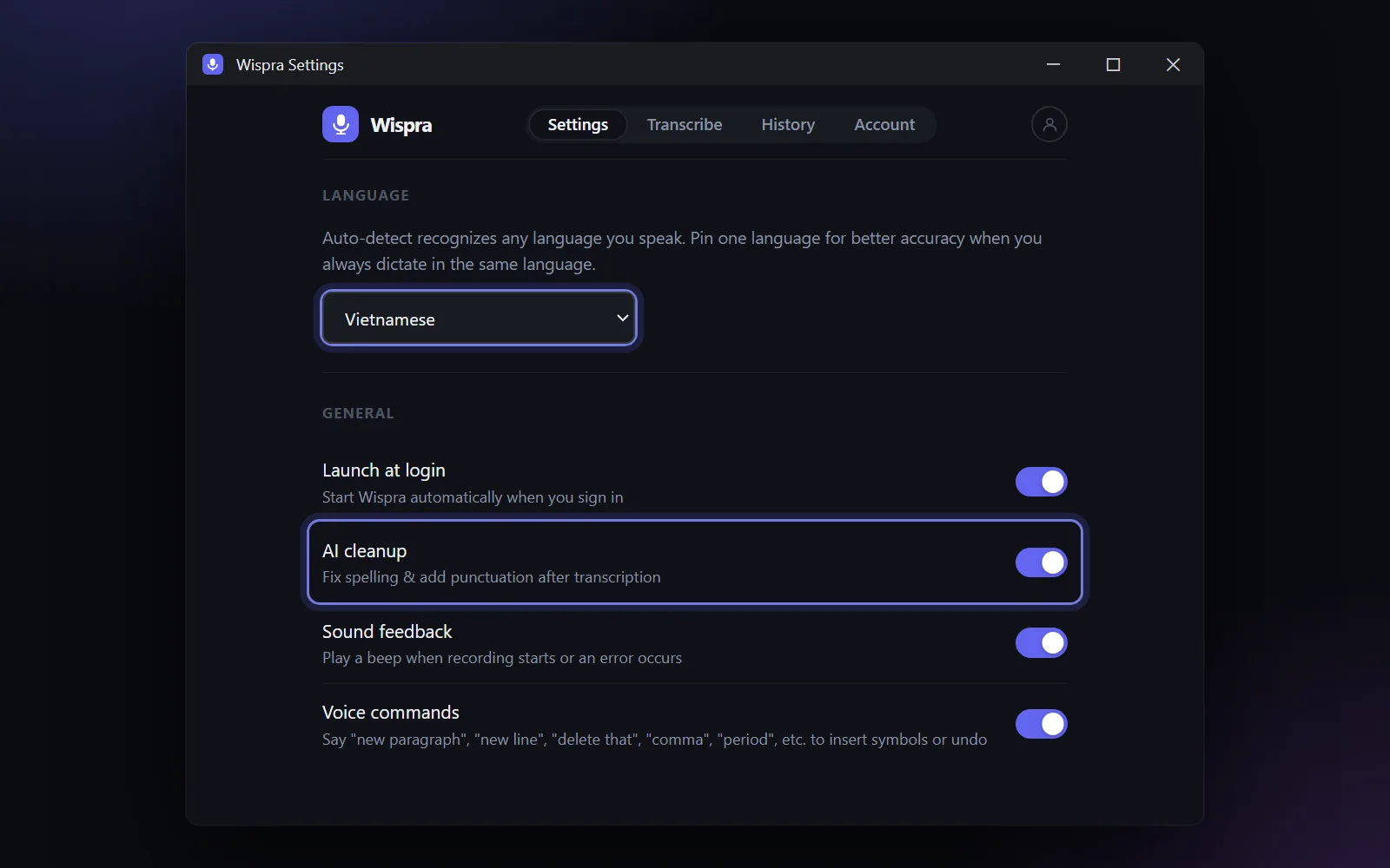 Settings with the language set to Vietnamese and AI cleanup switched on.