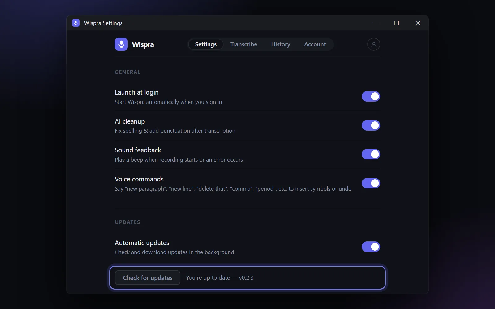 Settings, Updates section saying "You are up to date — v0.2.3".