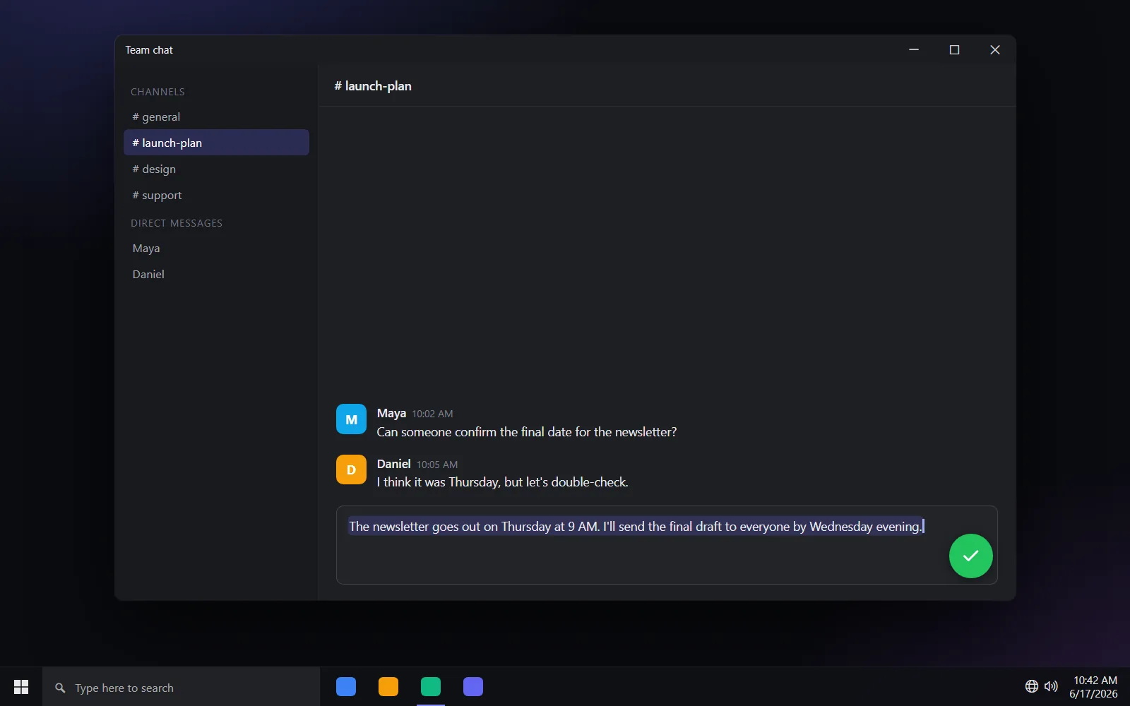 The floating microphone over an app window where dictated text was just pasted.