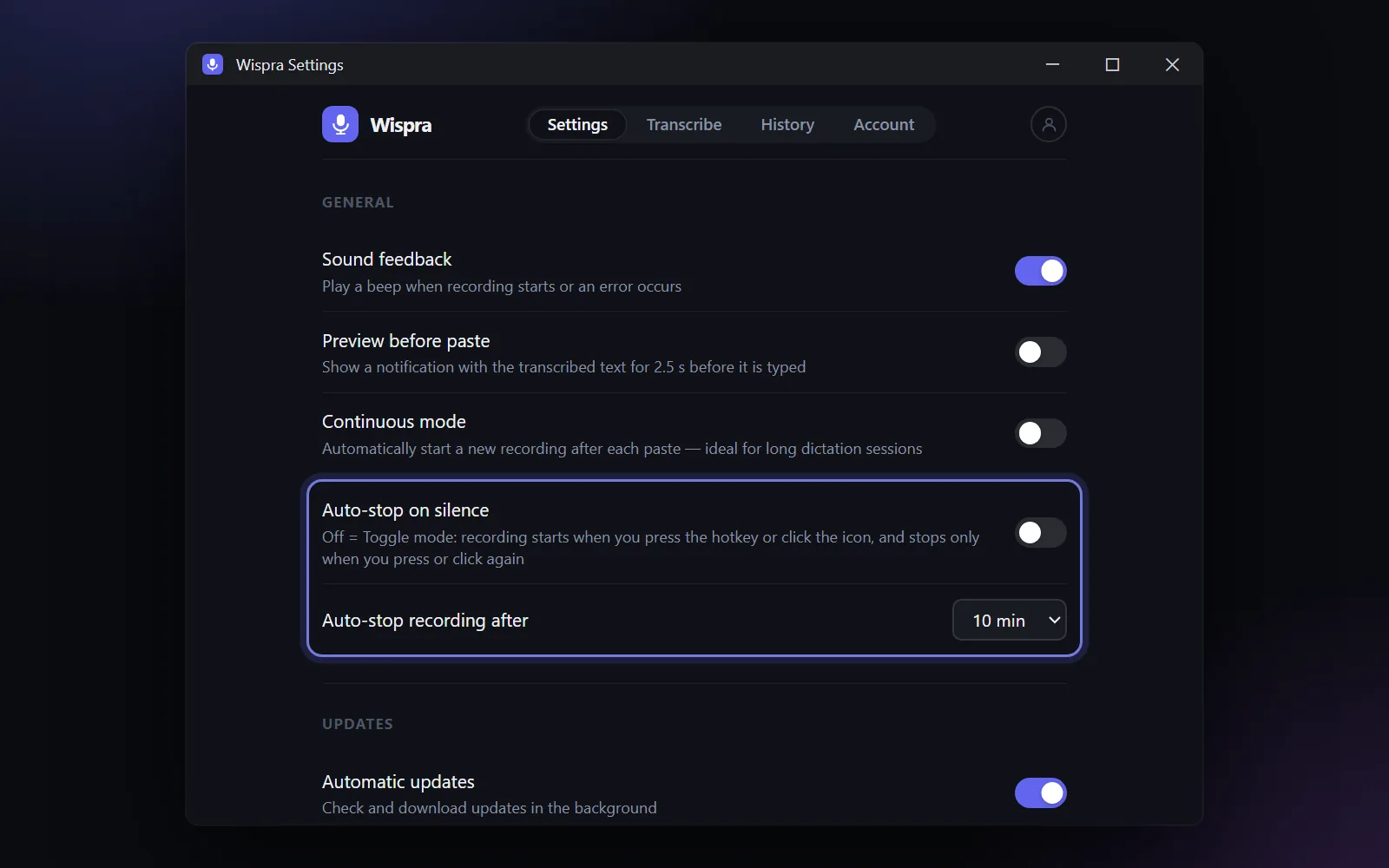 Settings showing the Toggle recording mode and a 10-minute maximum recording length.