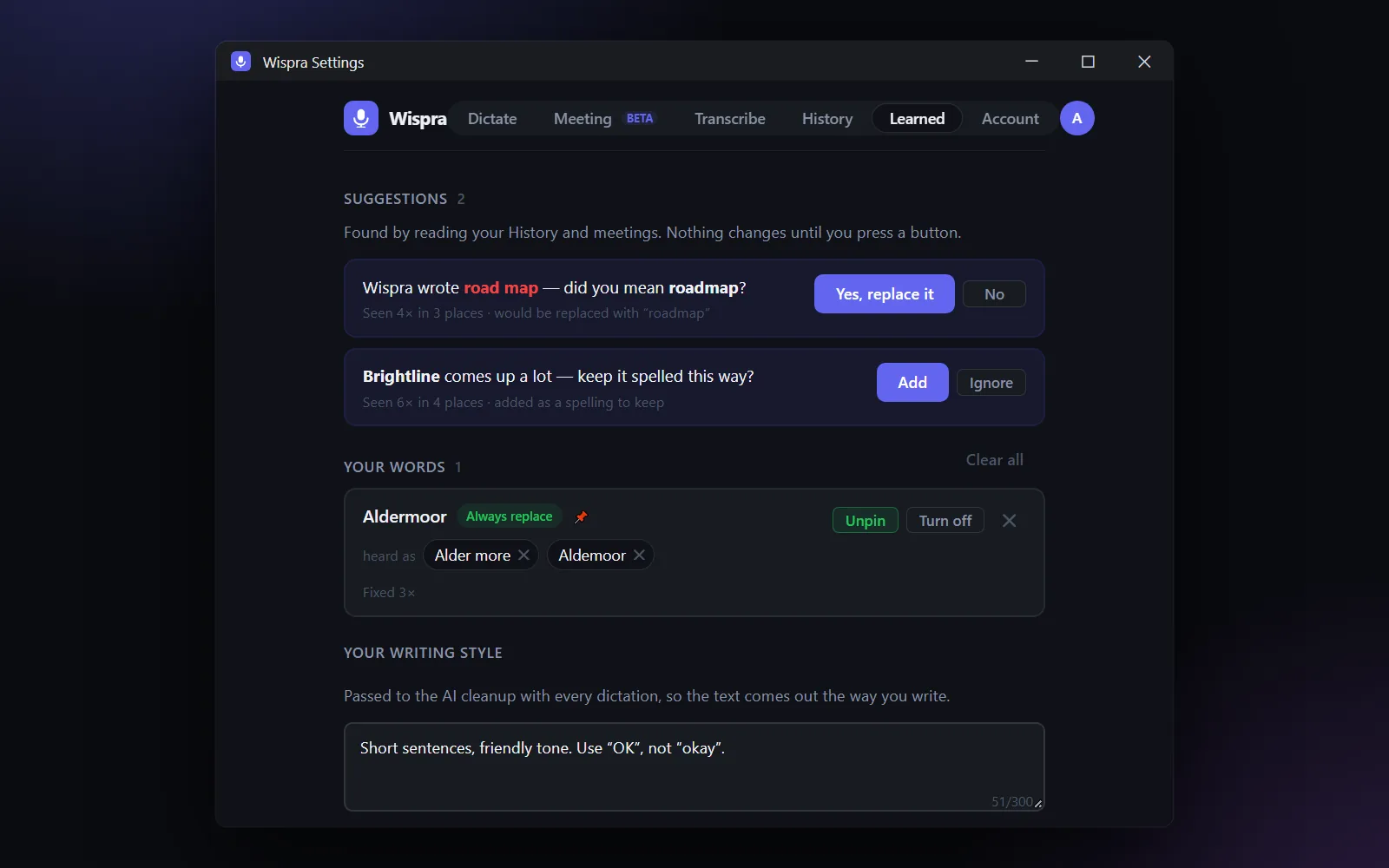 Settings, Learned tab, with Your words, Suggestions and Writing style.